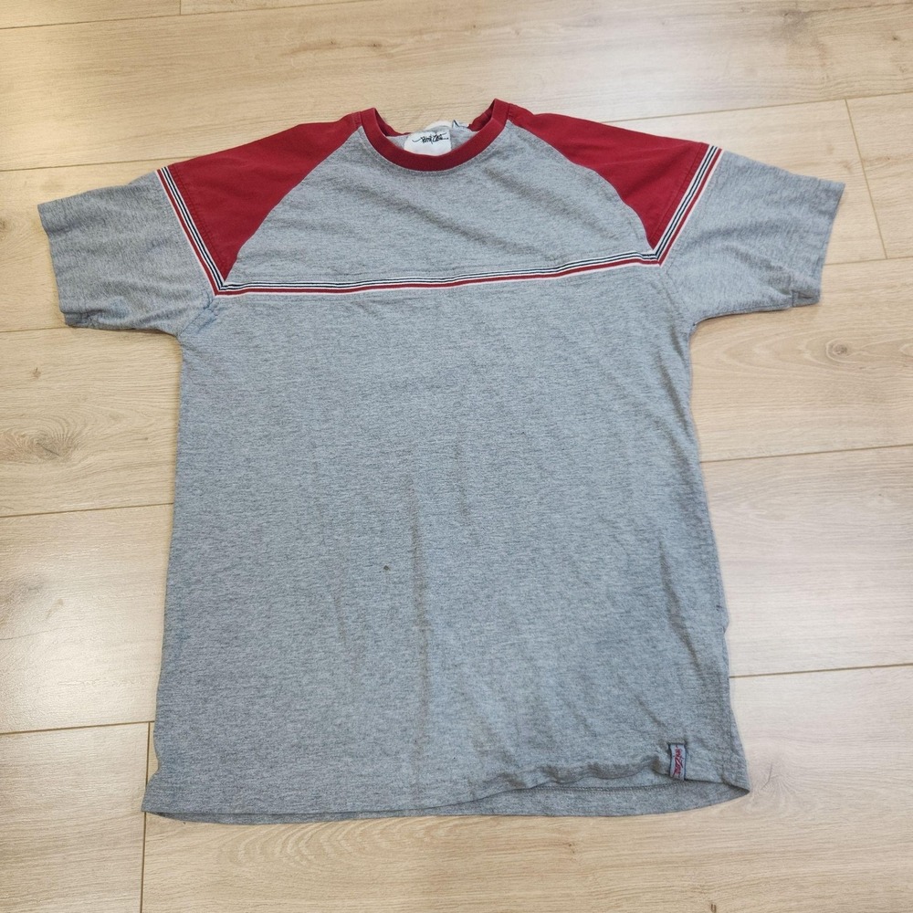 Vintage Point Zero Shirt Mens Large Gray Red Raglan Short Sleeve Colorblock
